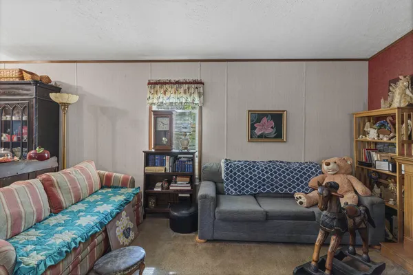 a living room with furniture a fireplace and a large window
