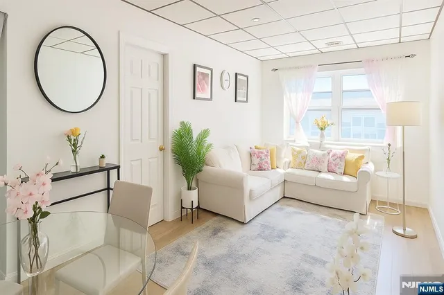 a living room with furniture a table and a potted plant