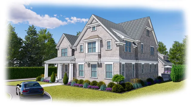 a front view of house with yard and green space