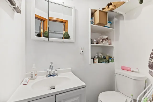a bathroom with a sink mirror and toilet