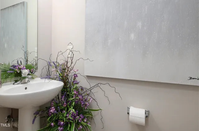 a bathroom with a sink and mirror with potted plant