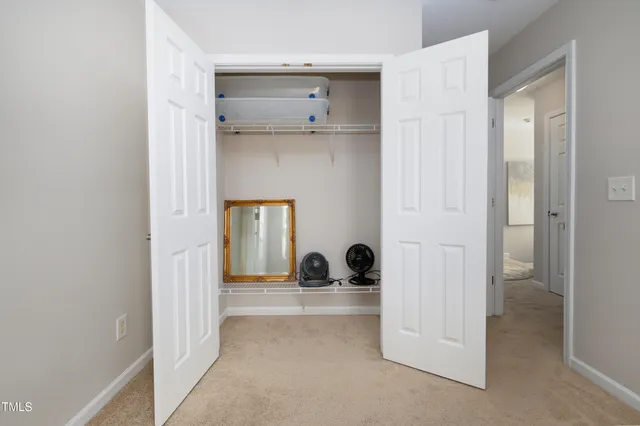 a view of a room that has a closet and wooden door