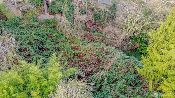 an aerial view of residential house with outdoor space and trees all around