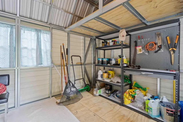a storage room with musical instruments