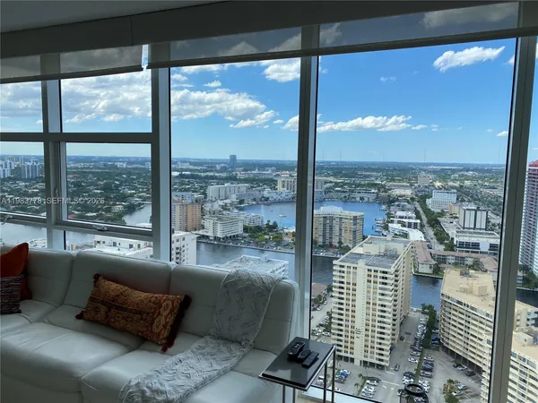 a view of city with living room