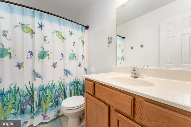 a bathroom with a sink a toilet and a shower curtain