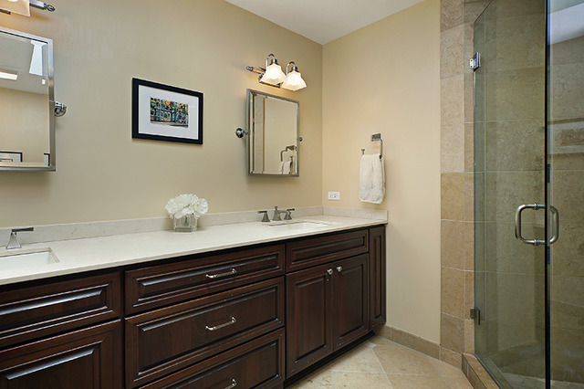 2705 Cherry Lane Northbrook, IL 60062 - Photo 13 of 25 a bathroom with a granite countertop sink a toilet a large mirror and shower