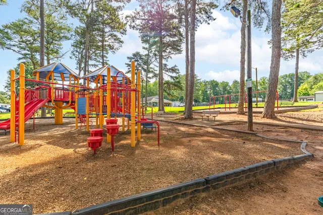 an outdoor space with seating