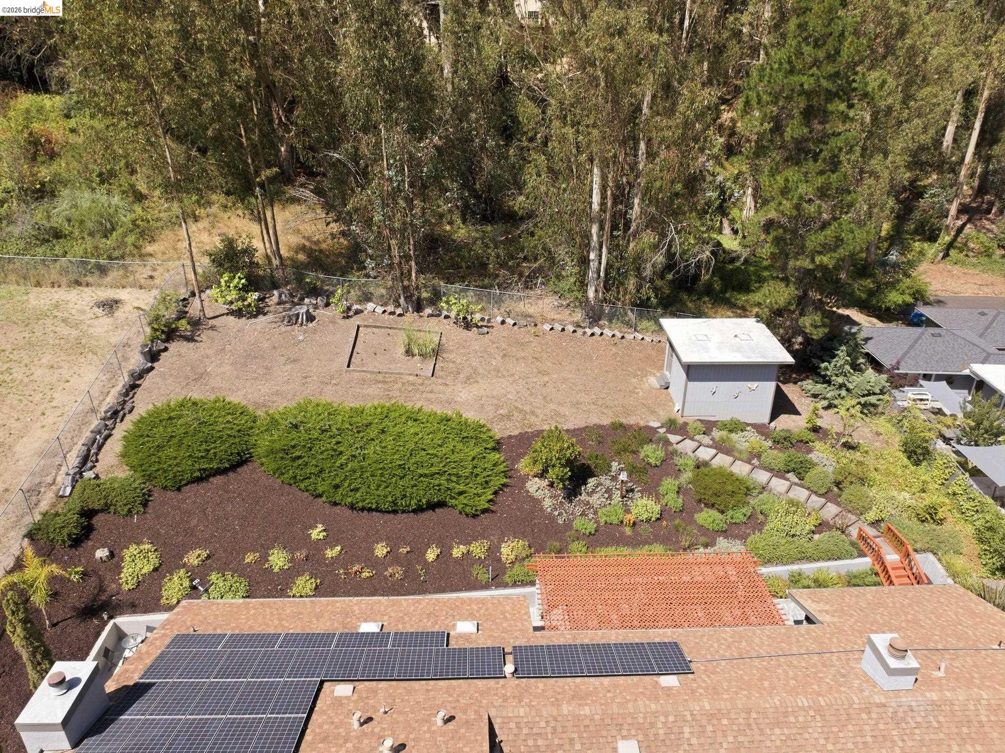 11133 Golf Links Road Oakland, CA 94605 - Photo 55 of 57 Expansive terraced yard featuring mature shrubbery, bark ground cover, and a detached shed
