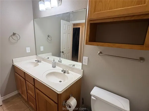 a bathroom with a sink toilet and mirror