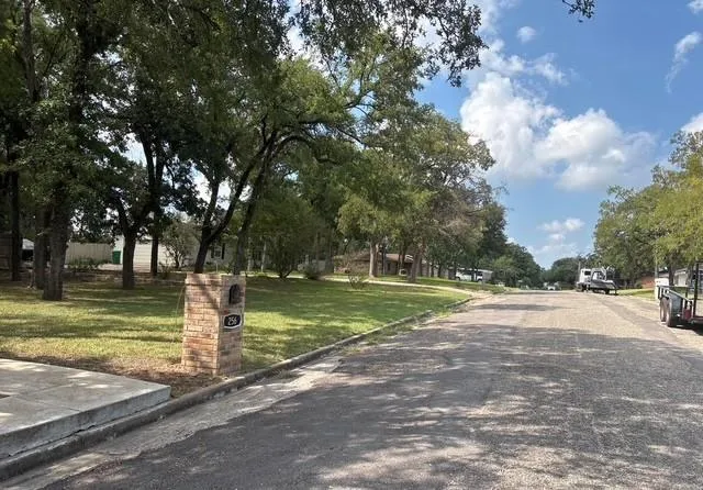 a view of a park with large trees
