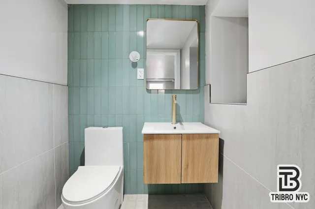 a bathroom with a toilet a sink and mirror