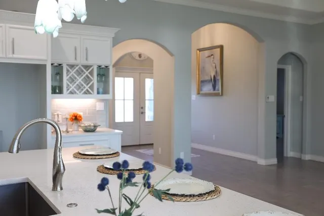 a close view of a sink table and chairs