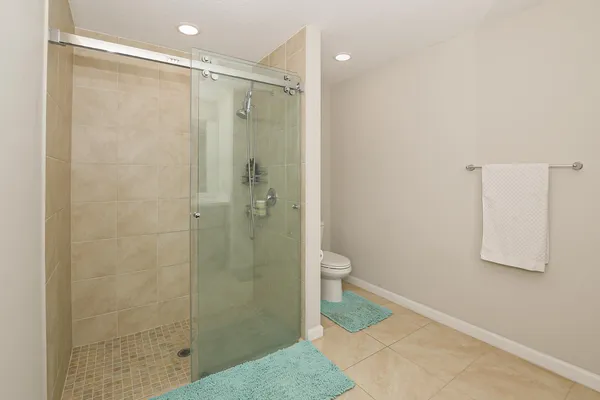 a bathroom with a shower and a toilet