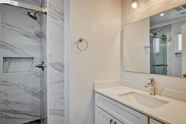 a bathroom with a granite countertop sink a mirror and shower
