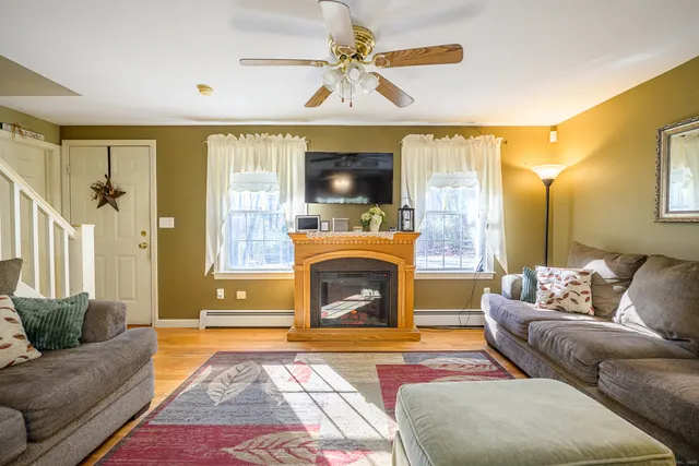 a living room with furniture and a fireplace