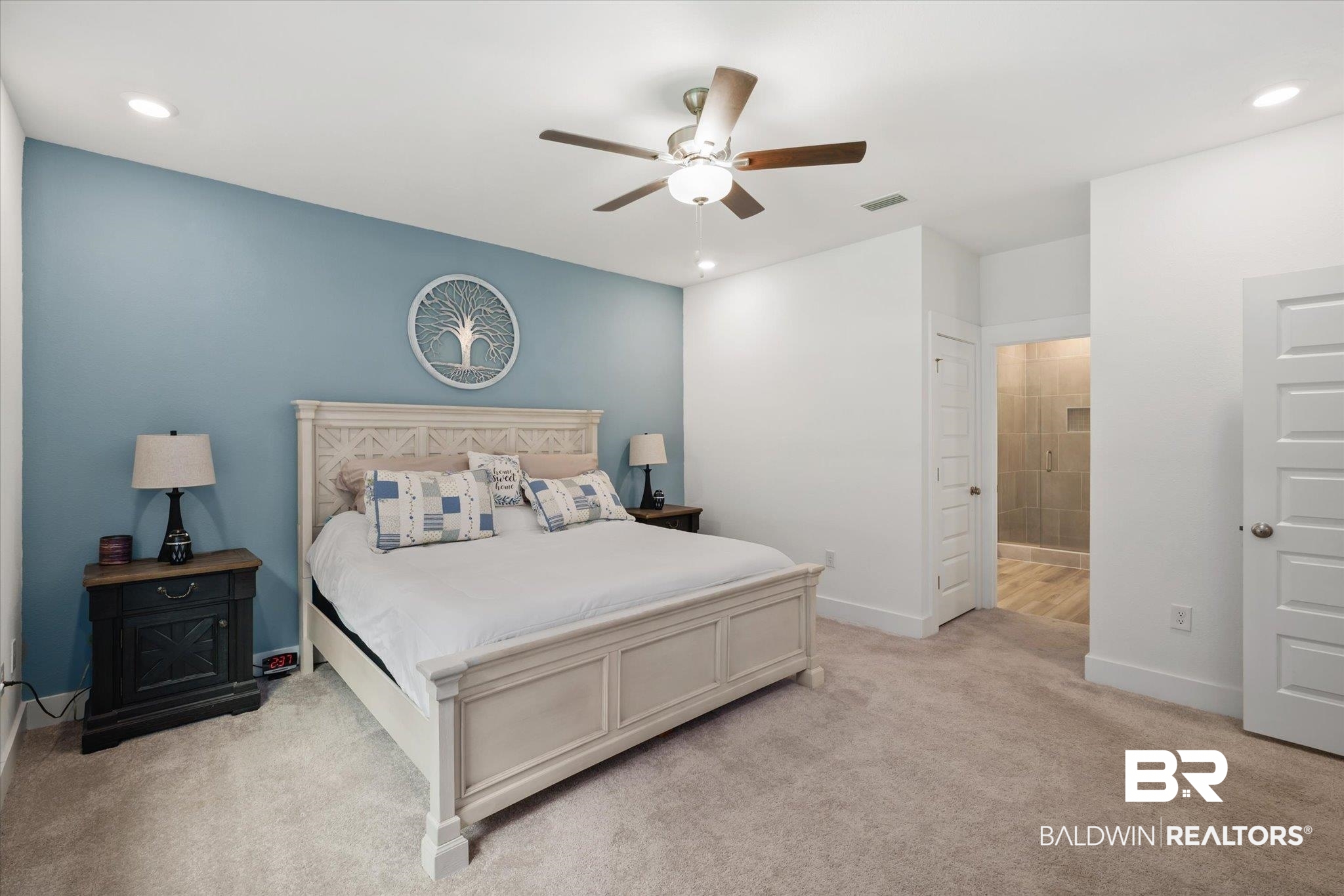 263 Bronze Street Fairhope, AL 36532 - Photo 16 of 47 Carpeted bedroom featuring ensuite bathroom and ceiling fan