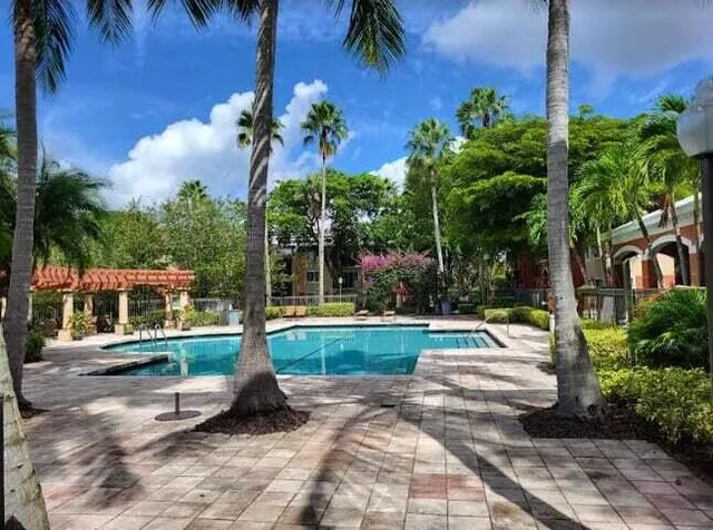 a view of a park with plants and palm trees