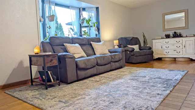 a living room with furniture rug and window