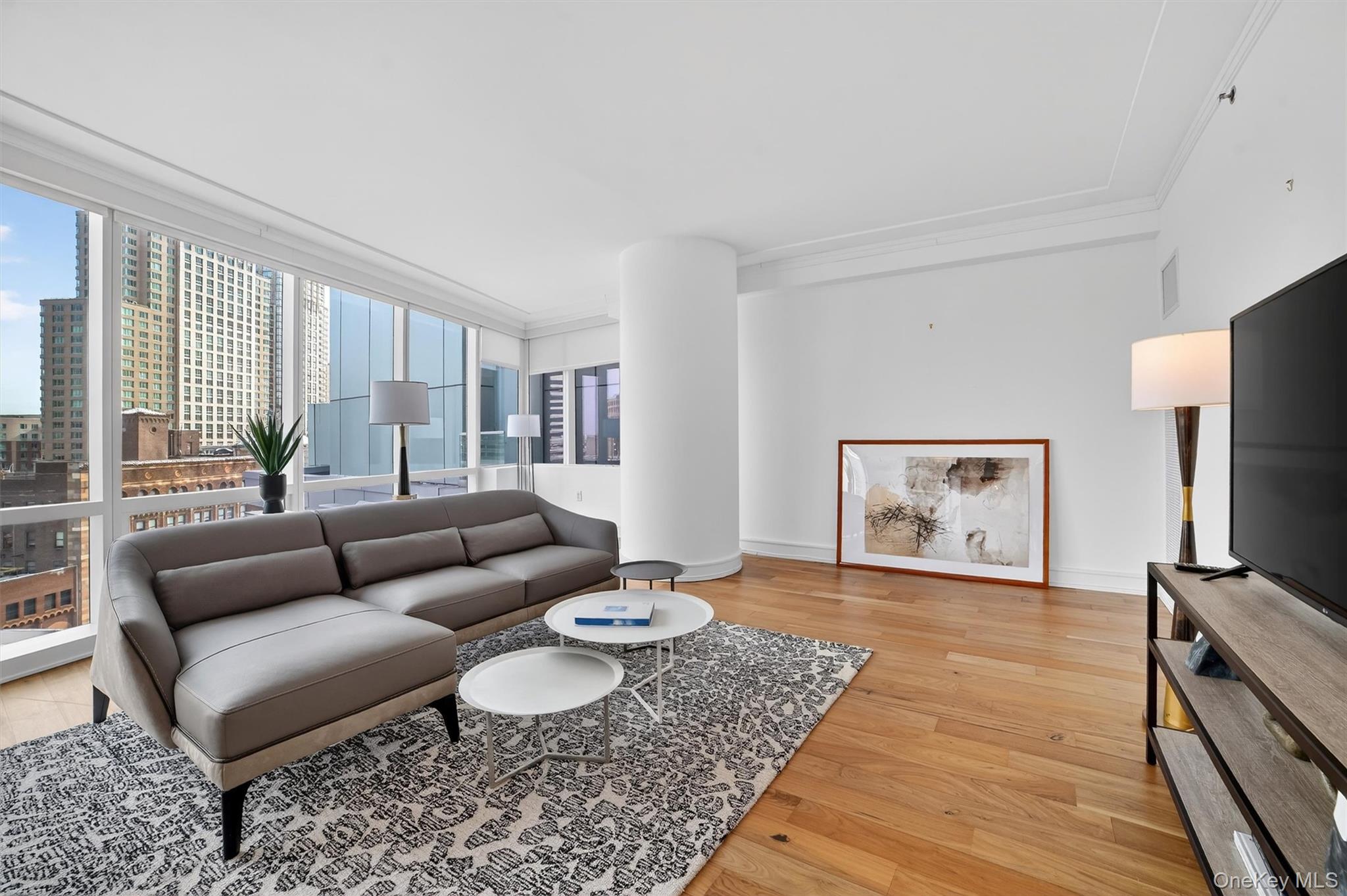 5 Renaissance Square, Unit 10G White Plains, NY 10601 - Photo 5 of 27 a living room with furniture and a flat screen tv