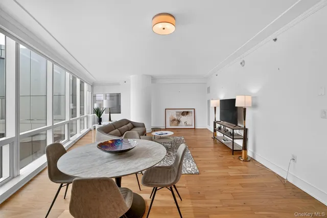 a view of a dining room with furniture and a potted plant