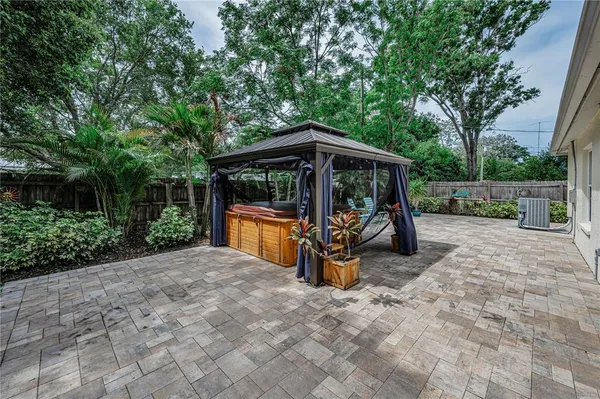 a view of a yard with plants and large trees
