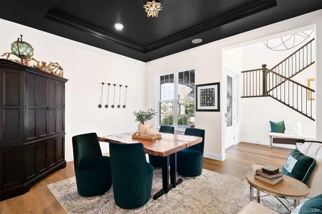 a outdoor dining space with furniture