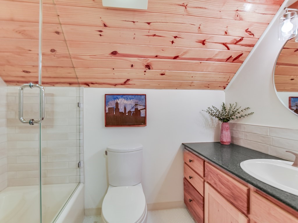 254 Middleton Road Spicewood, TX 78669 - Photo 21 of 32 a bathroom with a granite countertop sink a toilet and shower