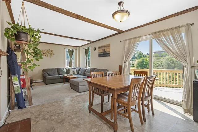a view of a dining room with furniture window and outside view