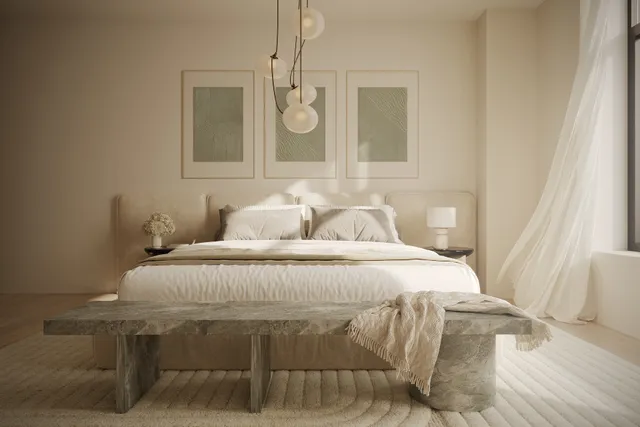 a bedroom with a bed and chandelier