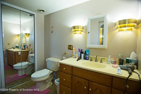 a bathroom with a sink a toilet a mirror a vanity and shower