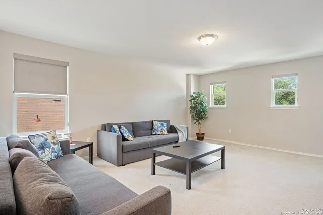 a living room with furniture and a potted plant