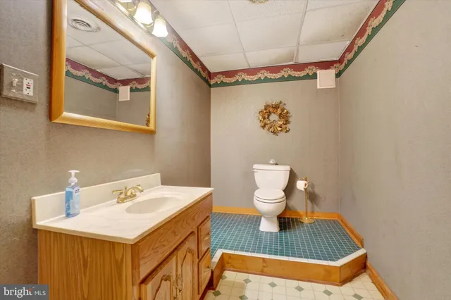 a bathroom with a sink a toilet and mirror