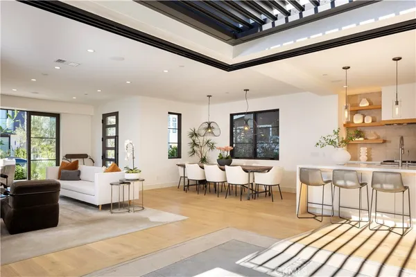 a living room with lots of furniture and a potted plant