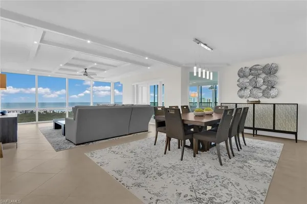 a view of a dining room with furniture