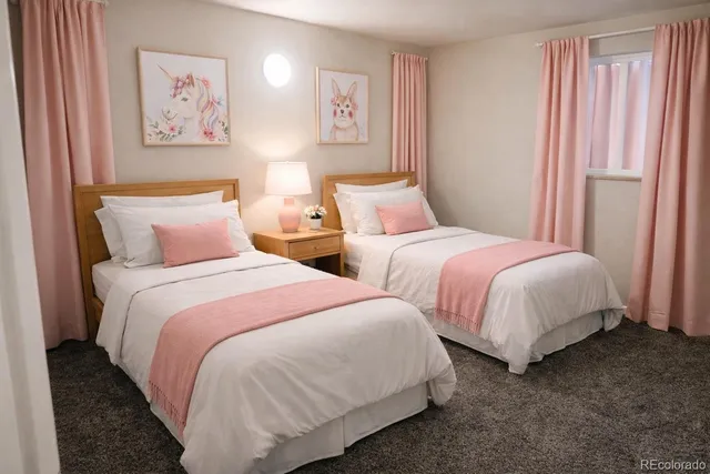 a bedroom with two beds and a painting on the wall