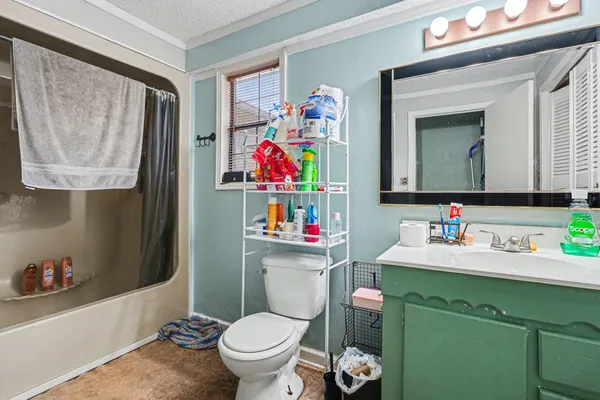 a bathroom with a sink mirror vanity and toilet