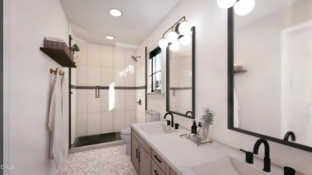 a bathroom with a double vanity sink a mirror and shower