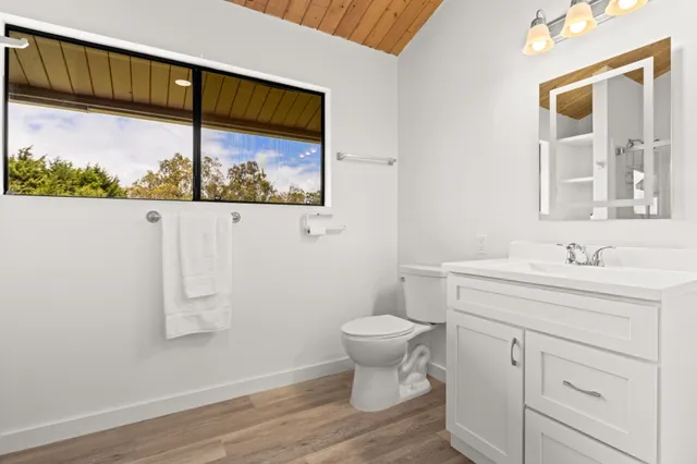 a bathroom with a toilet sink and mirror