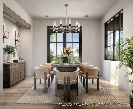 a dining room with furniture a chandelier and window