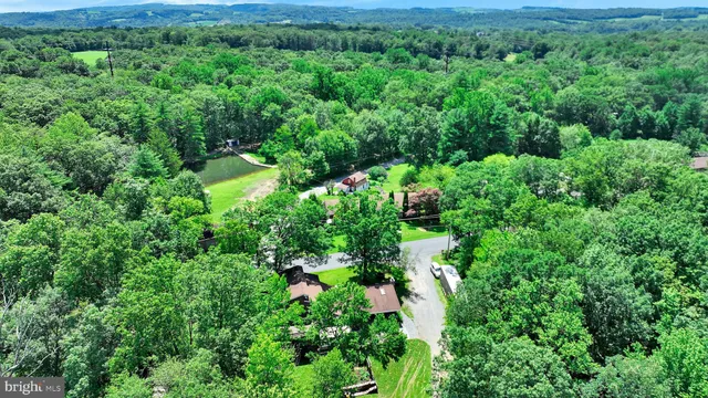 an aerial view of a house with a big yard and large trees
