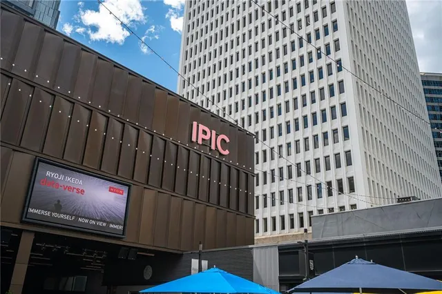 an outdoor space with seating