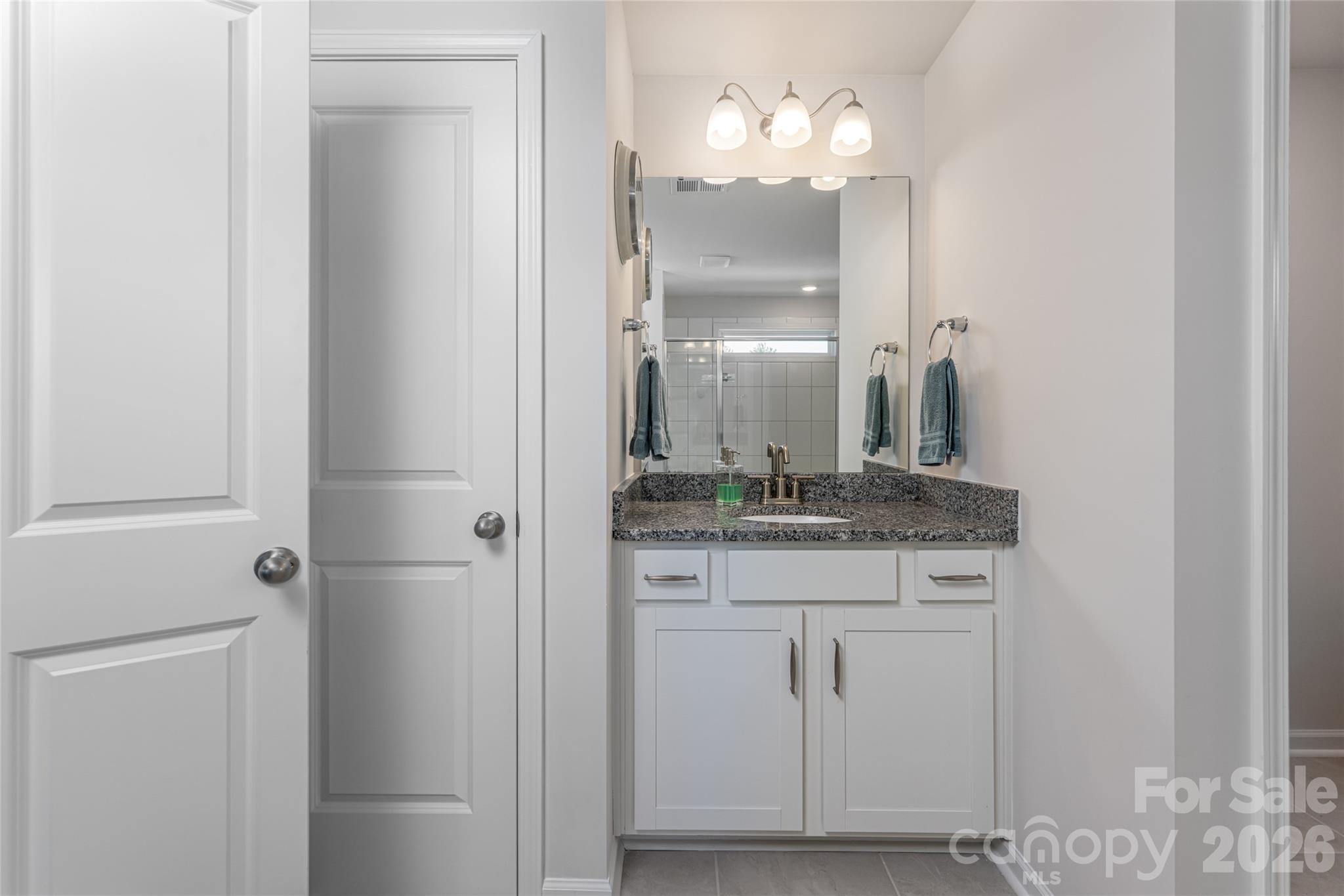 615 Fox Cove Road Hendersonville, NC 28792 - Photo 30 of 47 a bathroom with a granite countertop mirror and a sink