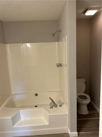 a bathroom with a bathtub and a toilet