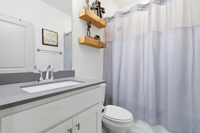 a bathroom with a sink a toilet and shower curtain