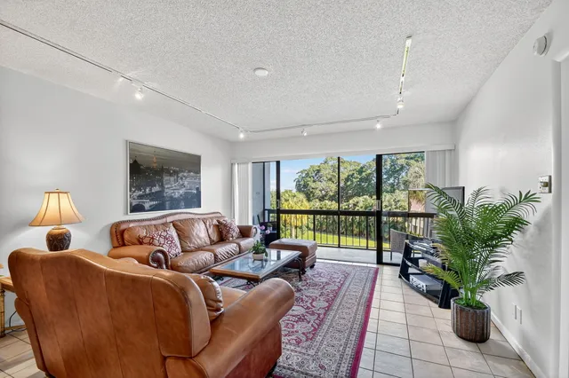a living room with furniture potted plant and a large window