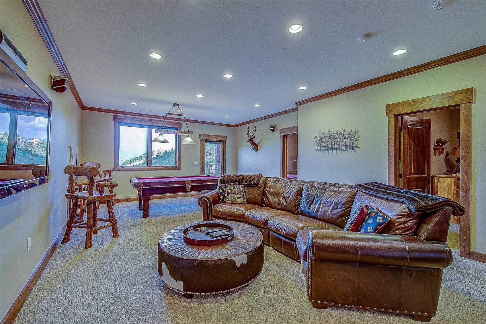 59 Club House Road, Unit C Breckenridge, CO 80424 - Photo 16 of 50 Living room featuring billiards, recessed lighting, ornamental molding, and light colored carpet