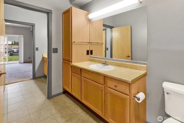 a bathroom with a sink a toilet and a mirror