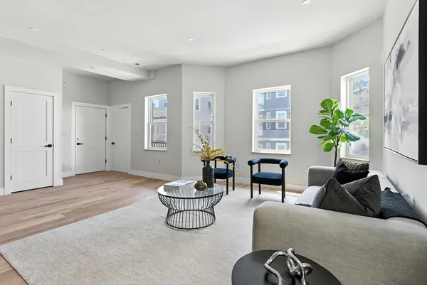 a living room with furniture potted plant and a window