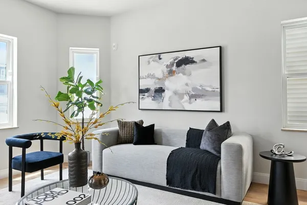 a living room with furniture and a potted plant